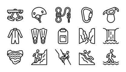 Outdoor Adventure Gear Icons, Climbing Equipment, Water Sports, Extreme Sports Vector Set © Rukaiya