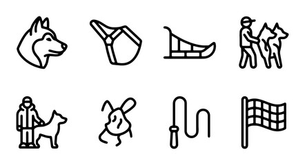 Dog Sledding Icons Set: Husky, Sled, Musher, Whip, Finish Flag Vector Graphics © Rukaiya