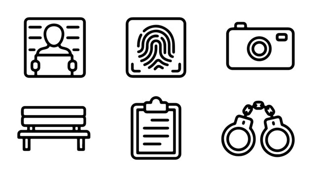 Crime Scene Icons Set: Fingerprint, Mugshot, Camera, Handcuffs, Clipboard, Bench