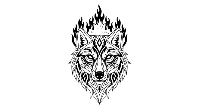 Wolf head with tribal fire design.