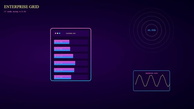 A sophisticated cloud infrastructure node panel demonstrates data growth through increasing metrics on a dark digital interface showing progression of system storage and network activity
