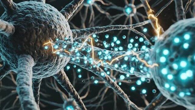 Cinematic ultra realistic 3D visualization of human neurons communicating through glowing electrical pathways detailed nerve cells with branching dendrites luminous axons and active synaptic reactions