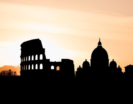 rome skyline silhouette with colosseum and st peter s basilica minimal
