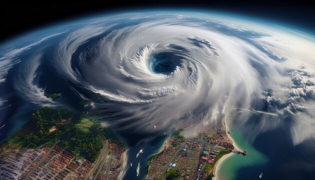 satellite image of a massive hurricane approaching a densely populated coast
