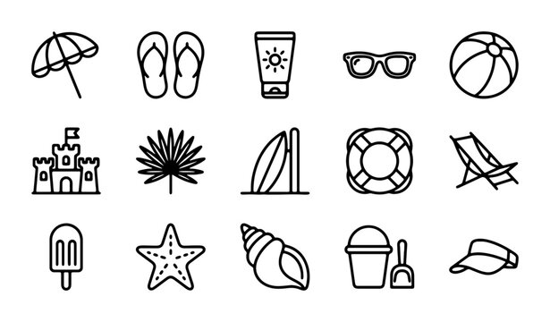 Summer Beach Icons Set: Sun, Sand, and Sea Essentials for Vacation Graphics