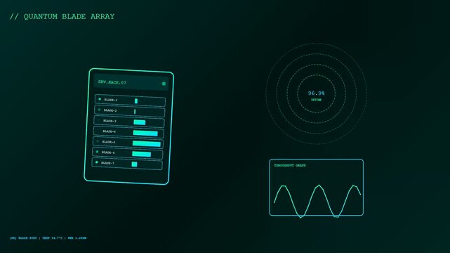 A digital cloud infrastructure node display shows shifting data analytics in a dark virtual interface with flickering server bar charts and oscillating graph wave patterns