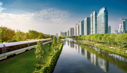 Fototapeta premium sustainable urban living green city with modern buildings tram park and canal