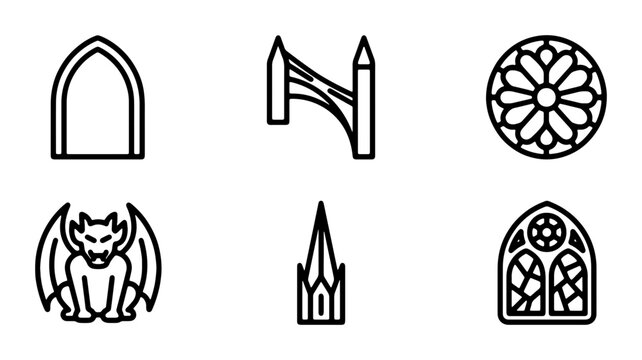 Gothic Architecture Icons Set, Medieval Building Elements, Religious Symbols, Gargoyle, Rose Window, Vector Art