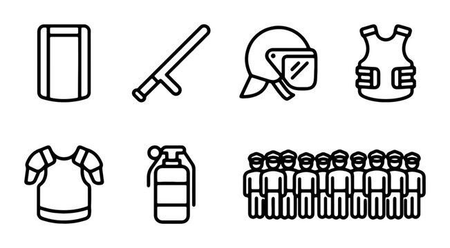 Riot Control Gear Icons: Shield, Baton, Helmet, Vest, Grenade, Crowd, Security Equipment Vector Set