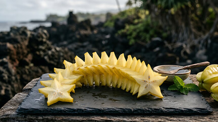 Naklejka premium Arrangement of Freshly Sliced Carambola Starfruit Laid Out on a Dark Slate Surface with Blurred Tropical Background