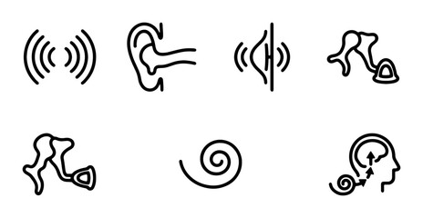 Auditory System Icons: Ear Anatomy, Sound Waves, Hearing Health, Cochlea, Brain Signals © Mizanur