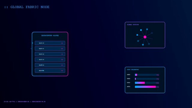 a glowing cloud infrastructure node dashboard displays real time network telemetry with cascading list sequences and geometric data flow diagrams on a dark blue screen interface