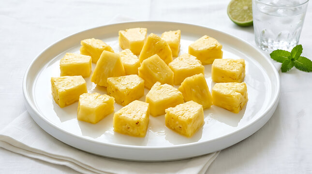 Freshly Cut Pineapple Chunks Arranged on a White Serving Plate with a Hint of Lime in the Background