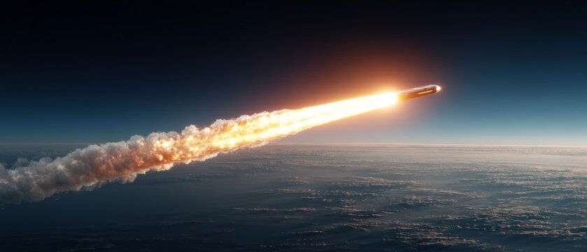 Twilight launch: a rocket's path illuminates the evening horizons. Clear focus. Rocket's ascent in twilight: a scene of celestial majesty and blue hues. High resolution. Large format.