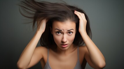 Fototapeta premium woman very sad and upset looking at damaged hair, hair loss, hair thinning problem, vitamin deficiency, baldness, postpartum, biotin, zinc, menstrual or endocrine disorders, hormonal imbalance
