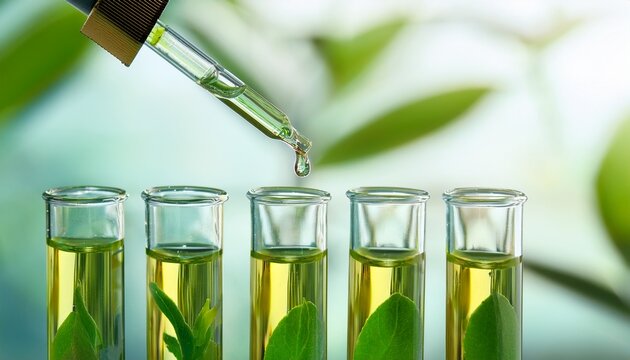 a precise pipette drips liquid into test tube containing plant extract blending nature and science for innovative cosmetic creation