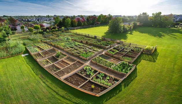 aerial garden layout community garden with organized beds elevated garden plots arranged on grassy field overhead perspective showing cultivated beds and pathways in community space