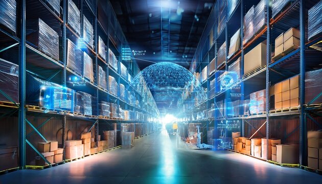 modern holographic warehouse with organized boxes and pallets on shelves surrounded by futuristic digital data visualization of global logistics