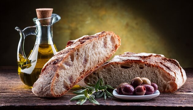 bodegon de pan fuet y aceite oliva virgen extra