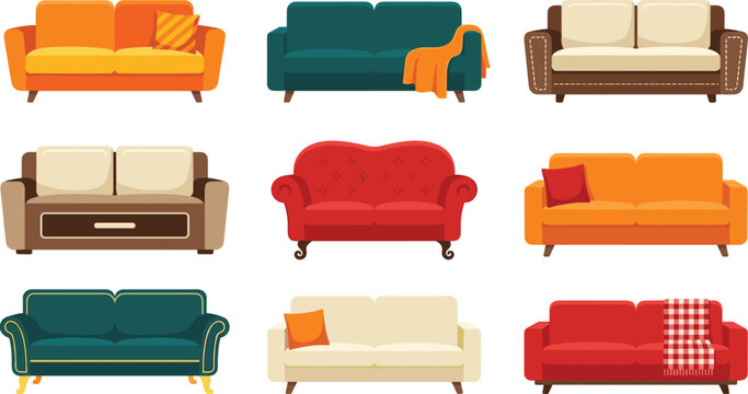 Sofa and couch vector set with colorful modern living room furniture interior design elements including cushions and blankets flat cartoon icons illustration