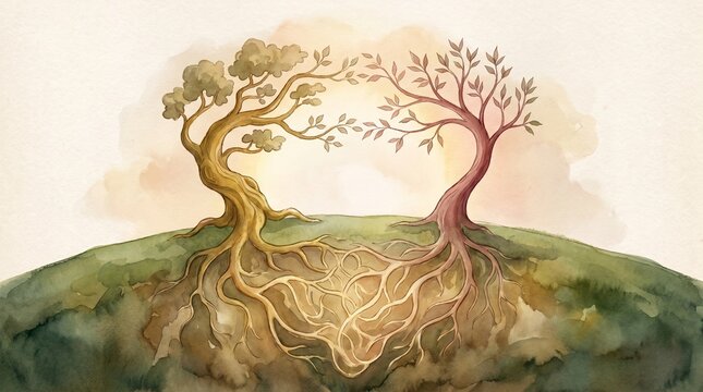 Two trees with intertwined roots on a grassy hill showcase nature's contrast