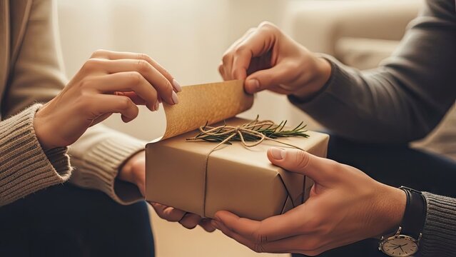Hands unwrapping gift box with brown paper and string bow