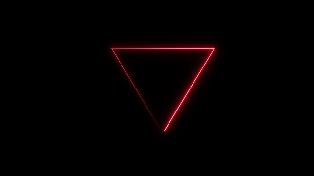 Set of neon glowing inverted triangle icons in green, white and red colors on black background.