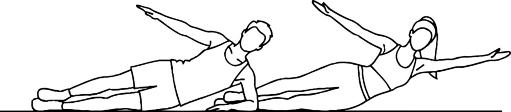 Illustration of Two People Doing Synchronized Back Stretching Exercises.