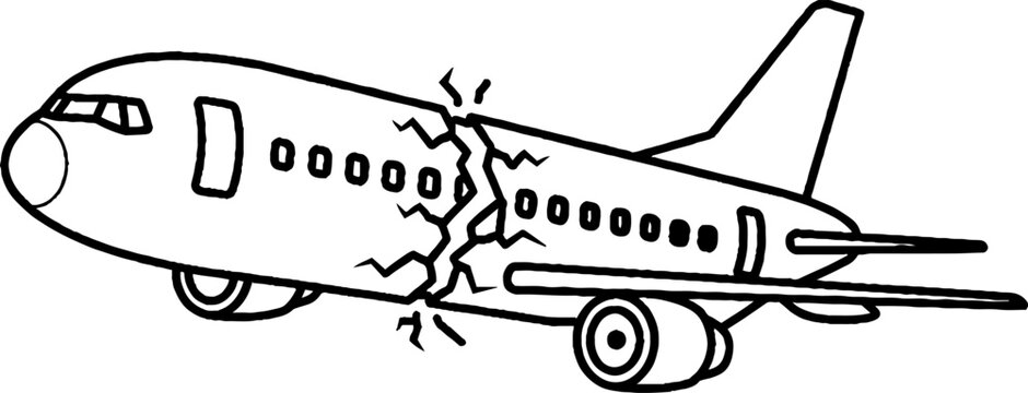 Damaged airplane with cracked fuselage illustration outline.