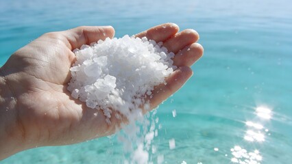 Fototapeta premium A person holds shimmering mineral salt crystals by the blue sea, highlighting natural beauty, healing properties of the ocean, and organic ingredients used in spa and skincare products