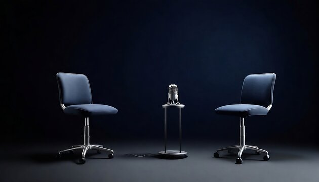 empty scene of two chairs and microphones stand in interview or podcast room isolated on dark navy background, concept of silence after the hubbub, intense preparation, created with generative ai