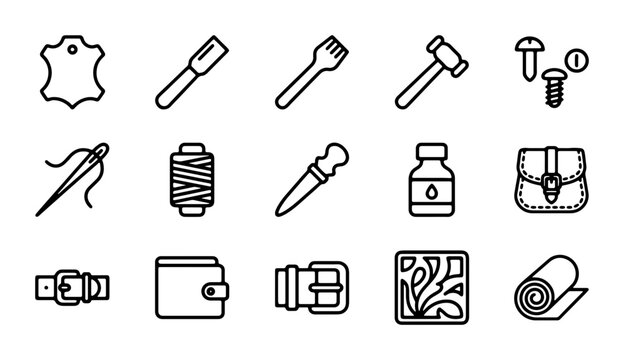 Leather Crafting Tools & Supplies Icons Set, Handmade Accessories, DIY Projects, Vector Graphics