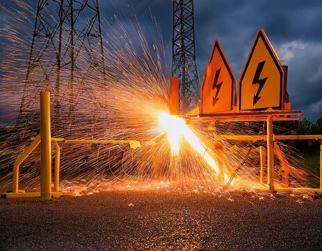 a dramatic shot of an electrical arc flash with safety signage and protective barriers prominently displayed