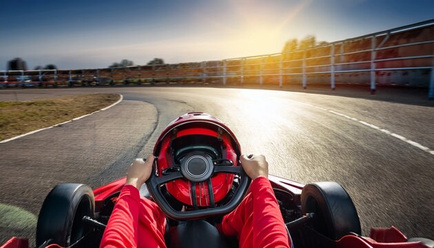 a gokart race track with a driver in red gear