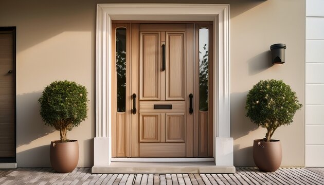 a neutral toned aesthetic front door with symmetrical potted plants on either side