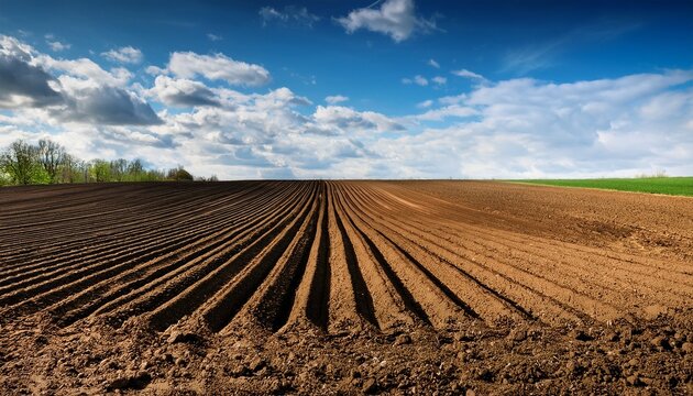 furrows in a plowed field ready for planting crops in spring under a blue sky with clouds