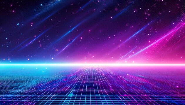 synthwave vaporwave background with laser grid and starry sky featuring blue and purple glows with smoke and particles for creative projects posters and covers