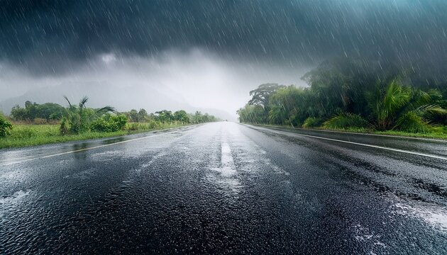 tropical storm rain falling on road surface