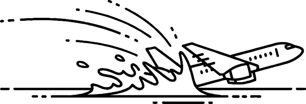 Crashing airplane skidding on runway with sparks flying.