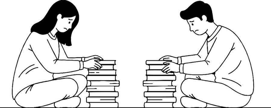 Two students carefully stacking books together on floor.