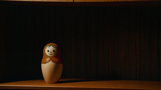 Minimalist wooden nesting doll on a shelf in a dark room with dramatic spotlighting.