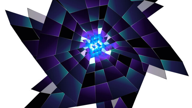 Abstract geometric pattern with vibrant purple and blue hues forming a dynamic, spiraling design with a glowing center