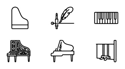 Piano Icons Set: Grand, Upright, Keyboard, Pedals, Feather Pen Music Symbols © Rifa