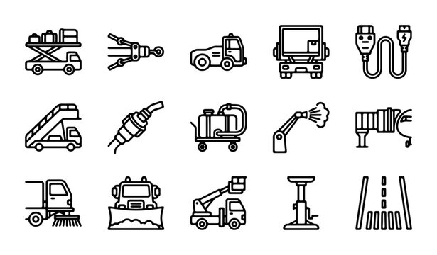 Airport Ground Support Equipment Icons, Aviation Service Vehicles, Aircraft Maintenance Tools, Transportation Logistics Set