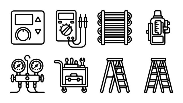 HVAC Tools Icons Set, Refrigeration Gauges, Digital Multimeter, Ladder, Cart