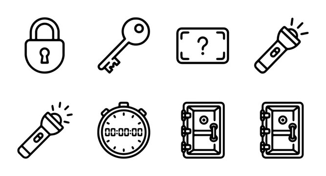 Escape Room Icons Set: Lock, Key, Flashlight, Timer, Safe, Question Mark Clue