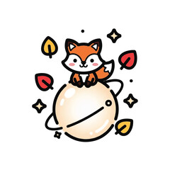 Fototapeta premium Cute cartoon fox sitting on a planet illustration.