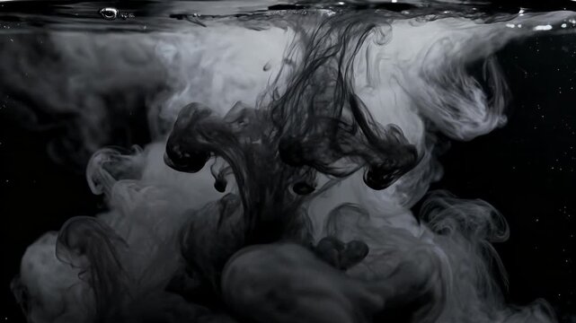 Ink clouds swirl in dark liquid creating abstract shapes and dramatic monochrome gradients.