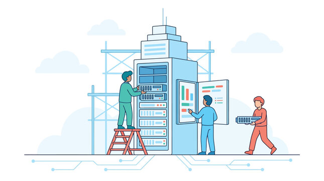 IT Team Maintaining a Tall Server Tower with Dashboard Panel and Hardware Components
