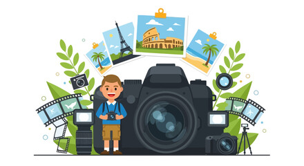 A man stands beside a large camera surrounded by photos and film equipment. © Fendi